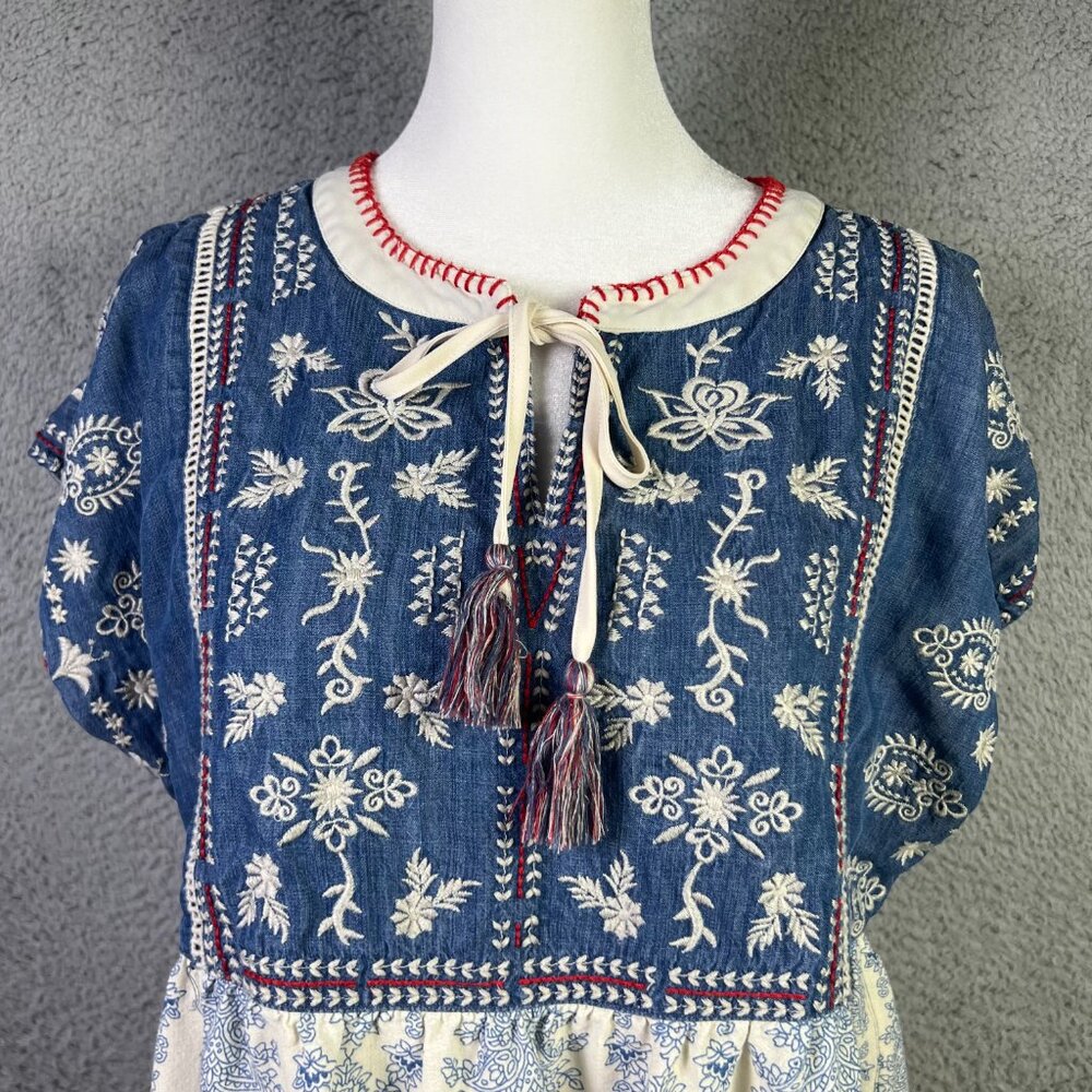 John Mark Top Womens M Blue Floral Embroidered Split V-Neck Tassel Tie Blouse - Picture 3 of 9